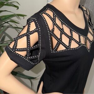 NEW Frank Lyman Design Cutout Studded Black Top